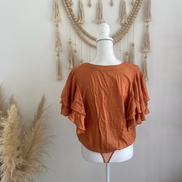 Free People Call Me Later bodysuit ruffle sleeves deep v copper flouncy medium - Picture 7 of 16